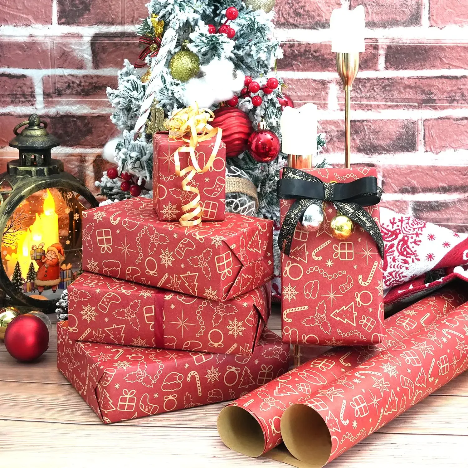 1 Rolle (43cm*300cm) Weihnachts-Kraftpapier Rotes Kraft-Geschenkpapier für Feiertage, Weihnachten, Geschenkverpackung mit Schneeflockenmuster, Weihnachtsfeier – Detail 1