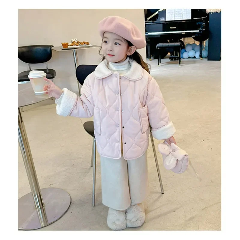 

Girls' Cotton Clothing Winter 2024 New Children's Velvet and Cotton Top Baby Pink Stylish Warm Jacket