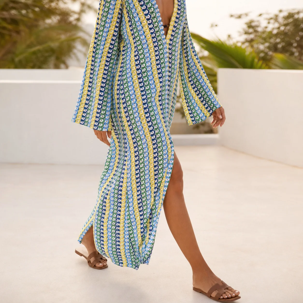 Women's Swim Cover-Up Dress Lace Embroidery Long Sleeve V Neck High Waist Cut Out Geometric Pattern Pullover Vacation Style