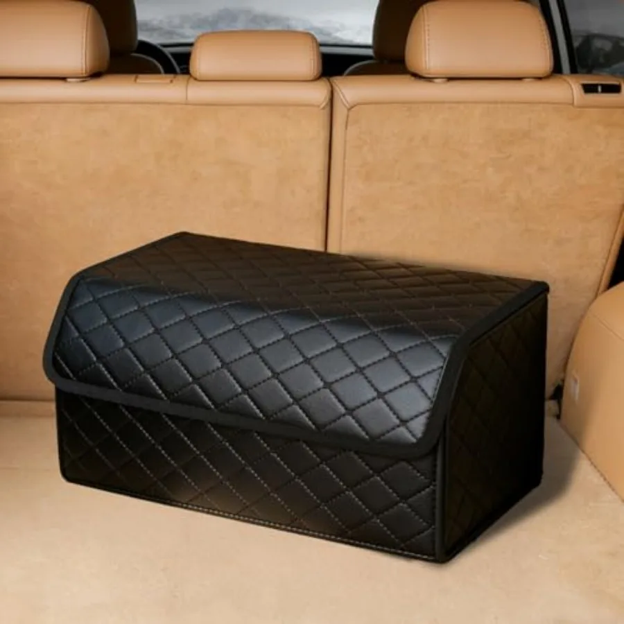 

Pack Leather Trunk Organizer for SUV and Sedans - Extra Large Foldable Car Storage Box with Lid, Adjustable Removable Dividers