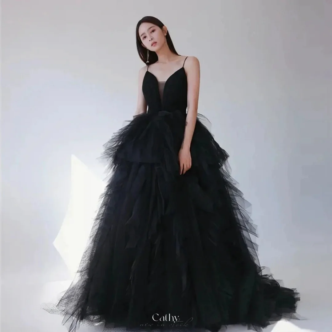 Cathy Black Multi-Layered Mesh Fabric Party Dresses Spaghetti Strap A-line vestidos de noiva Floor-Length Party Evening Dresses