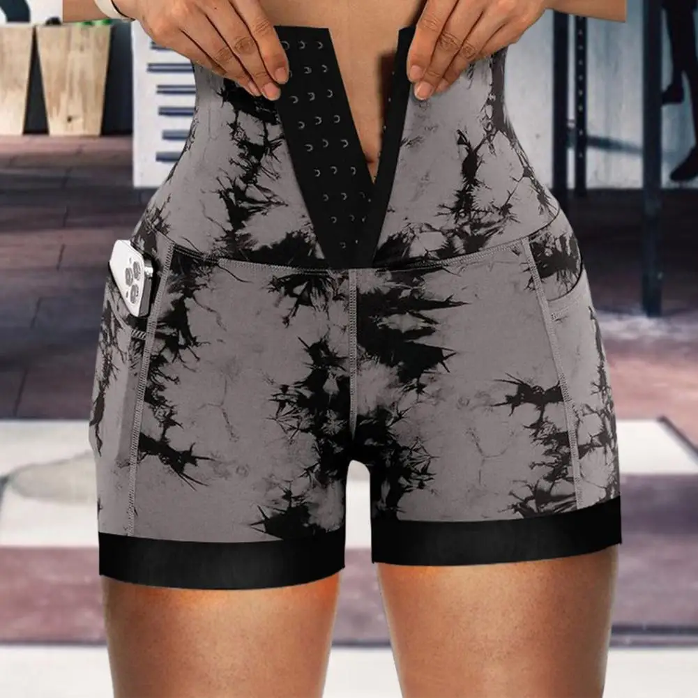 Calção de cintura alta feminina com estampa corante gravata, design de bolso com controle da barriga, shorts casuais magros, moda acima do joelho