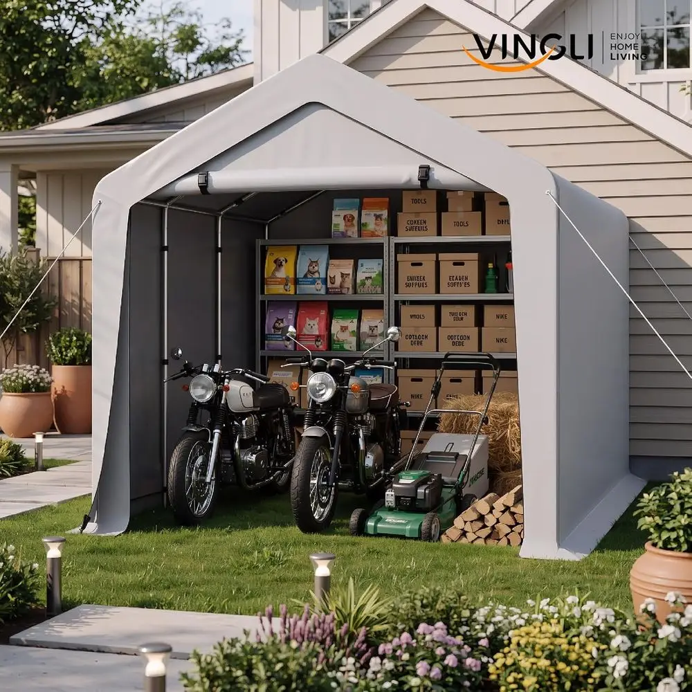 8x12 T Outdoor Portable Storage Shed, Heavy Duty Bike Tent with Roll-up Zipper Door, Waterproo and UV Resistent Carport or Motor