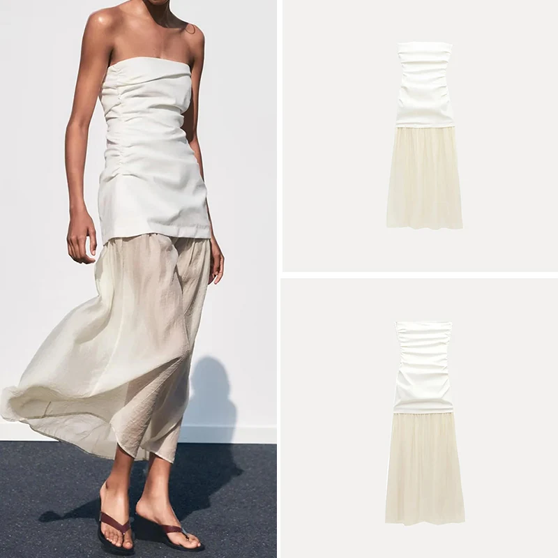 

2025 New Women's Midi Dr Gown Street Sle Pleated Decorative Splicing Bustier Dr Polyester Fiber 00% Spring Season