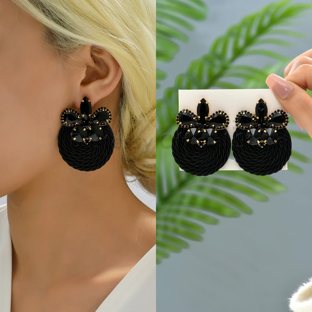 Black Crystal Petals Tassel Big Hanging Drop Earrings For Women Luxury Designer Geometric Vintage Pendants Elegant Party Jewelry