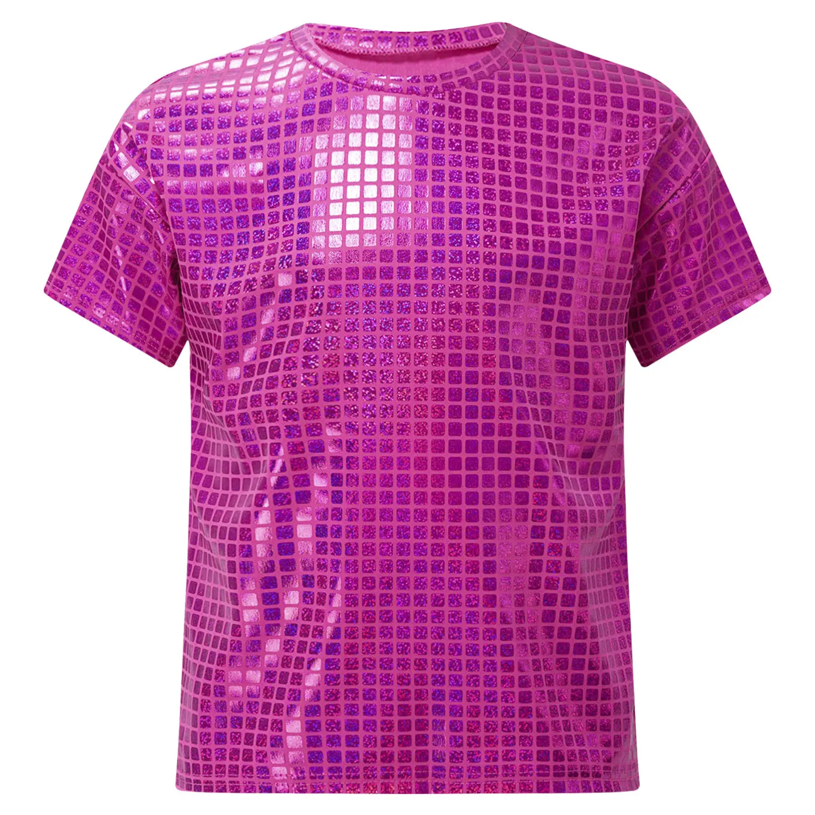 Fashion Kids Girls Boys T-shirt Summer Short Sleeve Shiny Plaid Sequins Tee Tops for Cheerleading Jazz Dance Performance