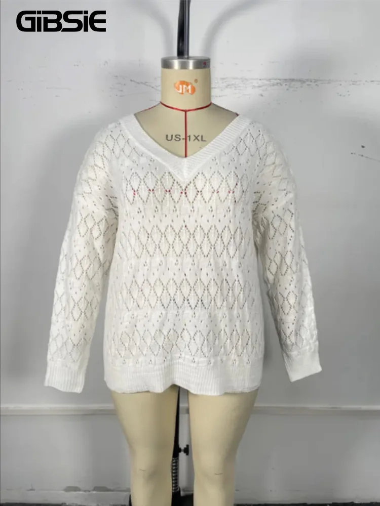 GIBSIE Plus Size bianco scava fuori maglieria top per le donne pizzo indietro scollo a V manica lunga Pullover lavorato a maglia maglioni 2023