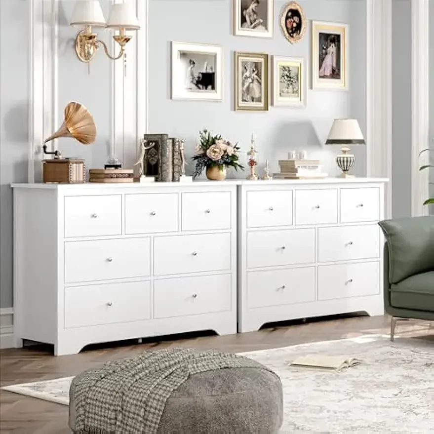 White Chest of  Drawers Modern Dresser with Metal Handles,7 Drawer with 19'' Deeper Depth, Large Storage Space for Home