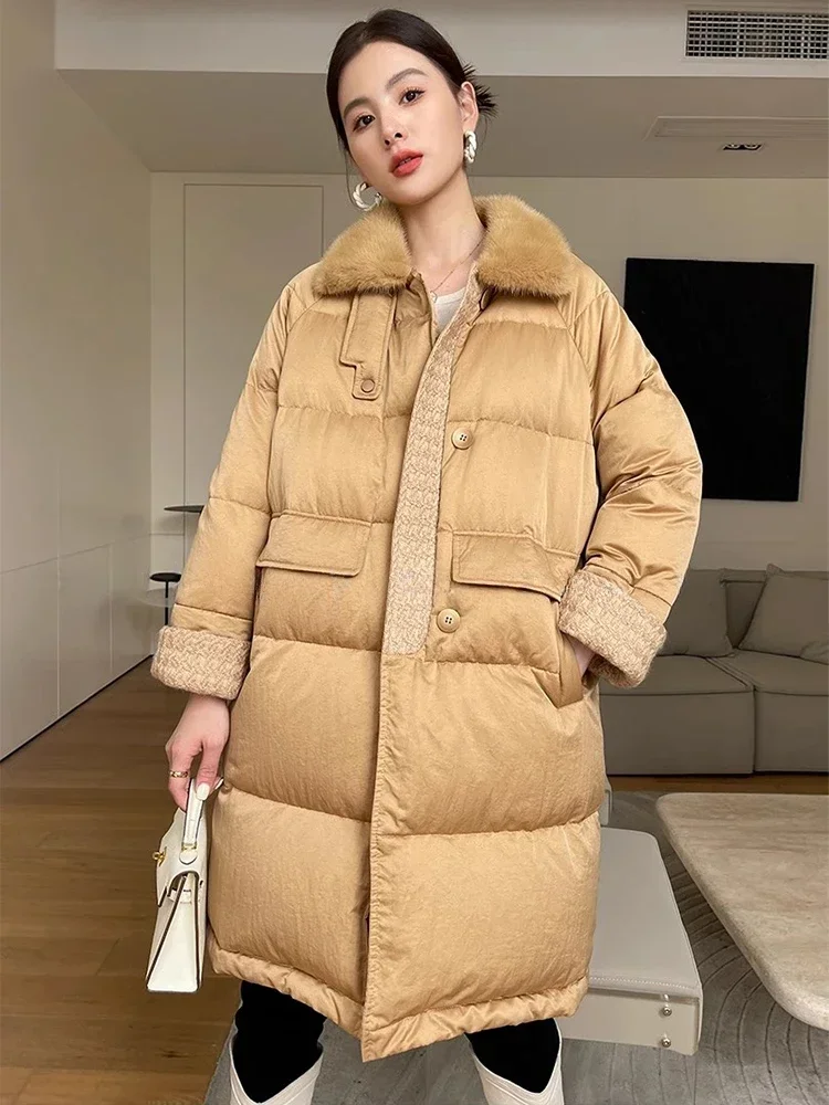 

Winter Long Down Jacket for Women 2024 New High Quality Mink Fur Collar Loose-fit Fluffy Warm 90% White Goose Down Coat