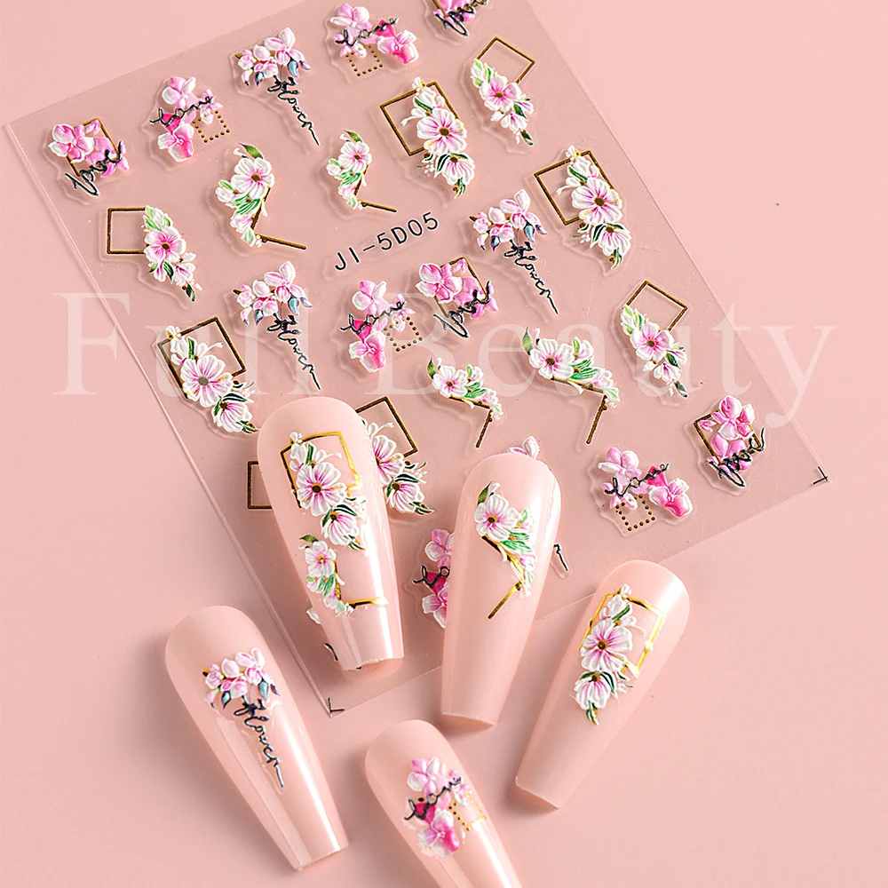 5D Flower Nail Adesivos, Pink Cherry Blossom Decor, Acrílico Gravado Sliders, Geométrica Gold Stripe, Linhas, Decalques Manicure, NLJI-5D05