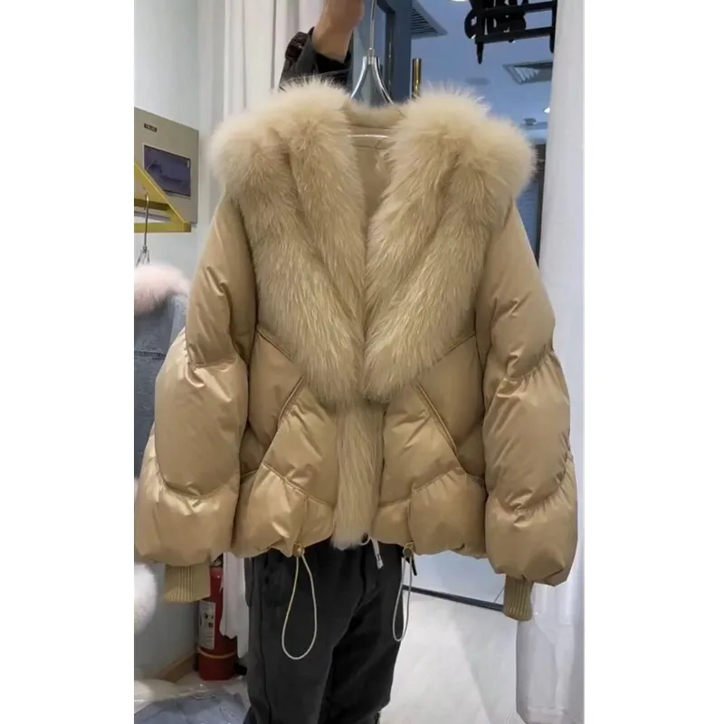 [EWQ] Korean Spliced Big Fur Collor Design Cotton-padded Coat Women Winter Flully Keep Warm Parkas Outerwears 2024 New 16O3131