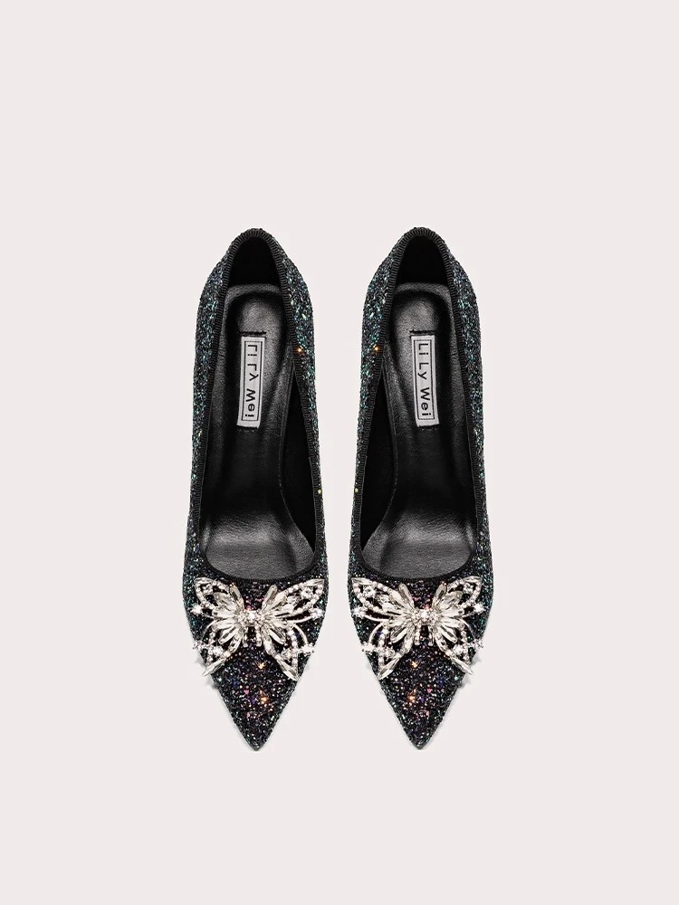 كعب ستيليتو مسطح خريف جديد من جلد الغزال الضحل ترتر حجر الراين فراشة مأدبة كبيرة الحجم صغيرة الحجم اتسعت أحذية نسائية #3