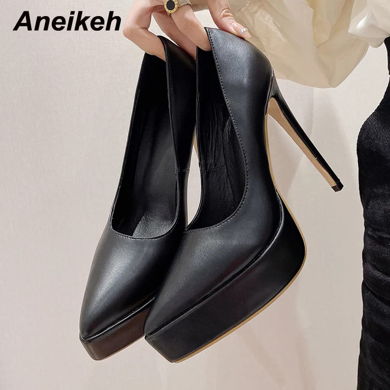 Aneikeh 2025 Fashion Sexy Patent Leather Platform Thin Heel Women's Pointed Super High Heels Party Wedding Zapatos Mules 35-42