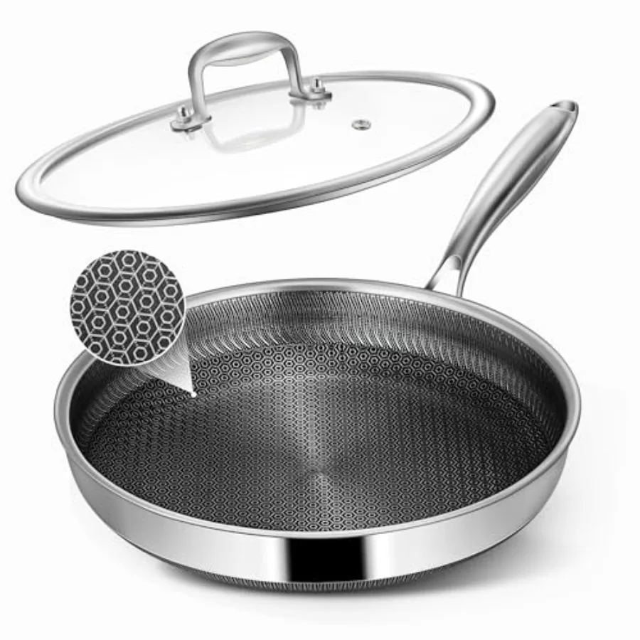 

Non Stick Frying Pans, 10-inch with Lid, Hybrid Frying Pans Nonstick Stainless Steel Skillets, Dishwasher and Oven-Safe, Stay-C