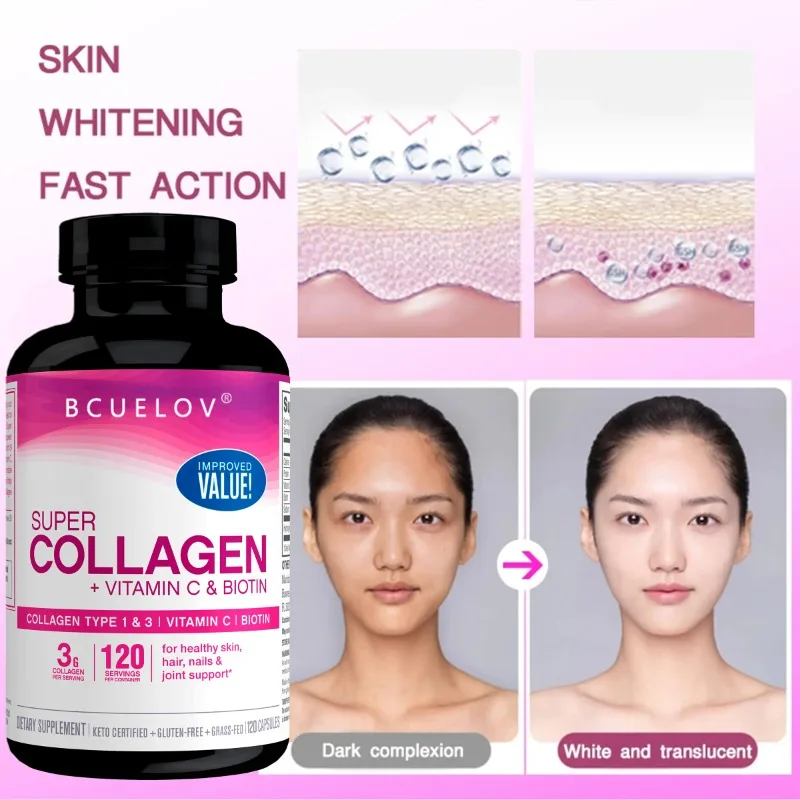 Collagen vitamins and biotin nutritional supplements for healthy skin, skin elasticity, and healthy hair, skin and nails