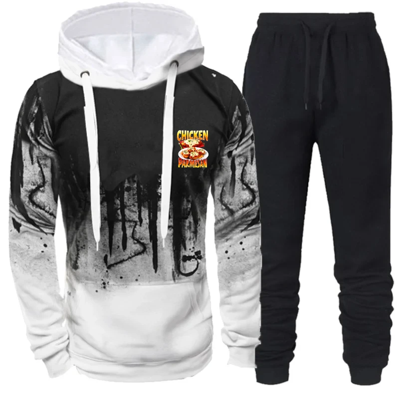 طقم سويت شيرت رجالي بقلنسوة باللون الأسود والرمادي والدجاج والبارميزان، ملابس رياضية كاجوال للركض للارتداء اليومي وصالة الألعاب الرياضية