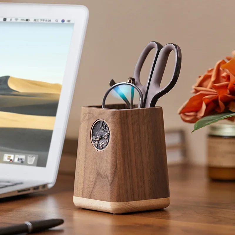 Black Walnut Solid Wood Pen Holder – Nordic Light Luxury Office Desktop Stationery Storage Box Pencil Holder