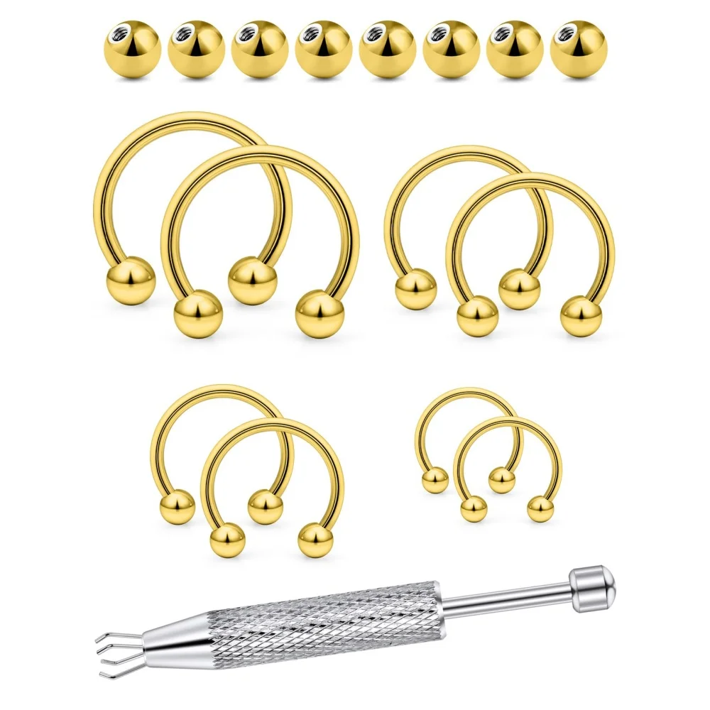16G 316L Surgical Steel Horseshoe Septum Rings, 6/8/10/12 External Thread with Balls & Tool (17PCS) Nose Cartilage Lip Jewelry
