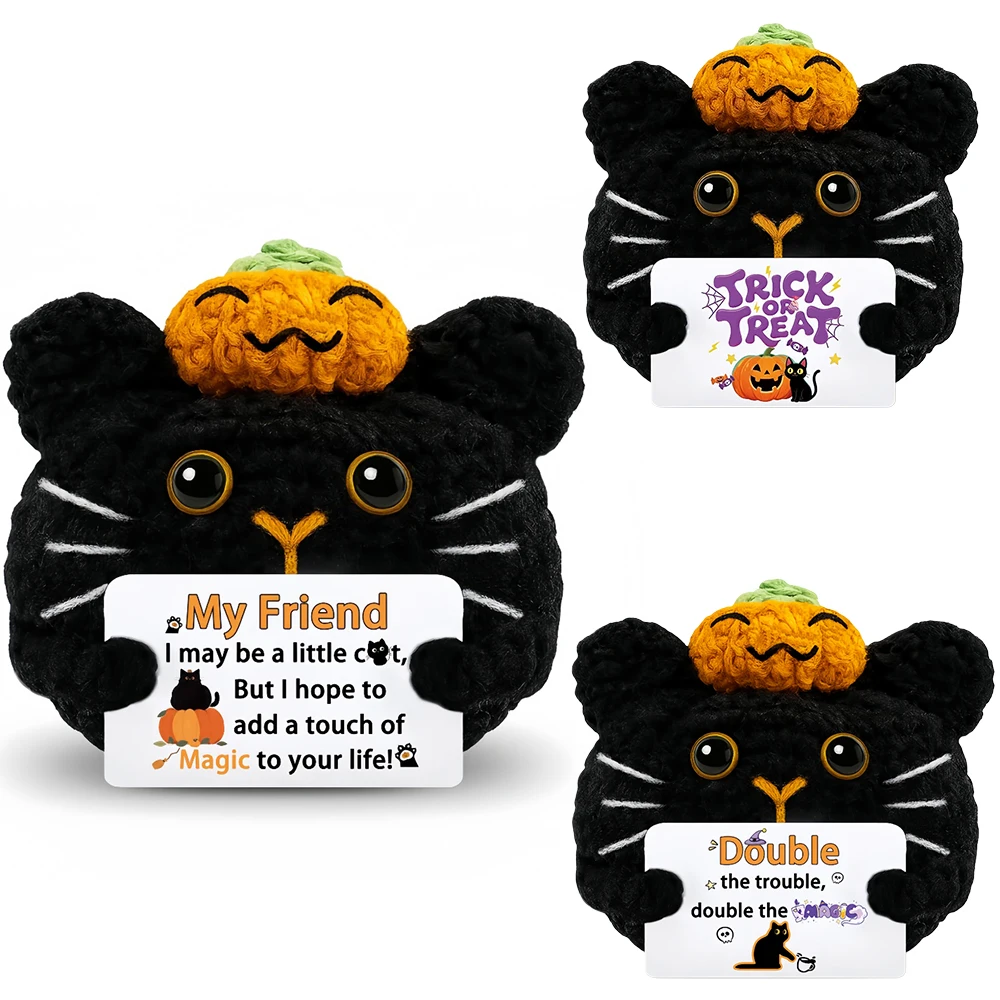 Handmade Pumpkin Cat Dolls Funny Positive Emotion Cute Crochet Mini Pocket Dolls with Card Home Decor Party Gift Ornament