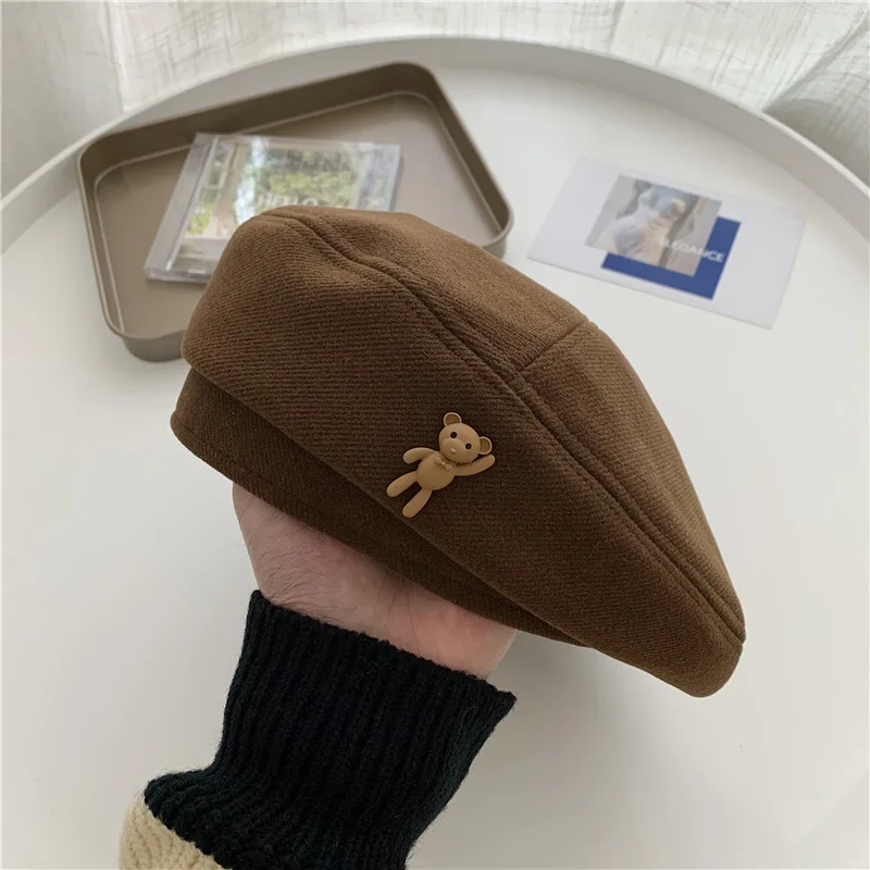 

New Spring and Autumn Boutique Bear Men's and Women's Berets British Retro Women's Leisure Winter Woolen Hat Foldable Hat