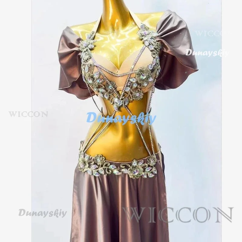 

Belly Dance Costume Women Belly Costume Senior AB Stones Bra Sexy Split Long Skirt 2pcs Oriental Dance Performance Costumes