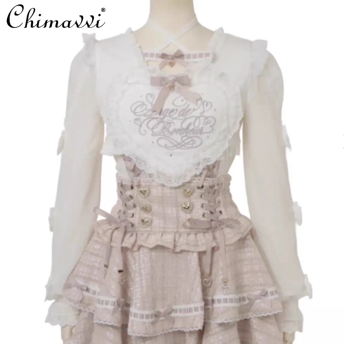 

Liz Japanese Sweet Cute Lolita Lace Heart Cross Strap Long Sleeve Shirt Strap Dress Two-Piece Spring Girls Princess Lolita Sets