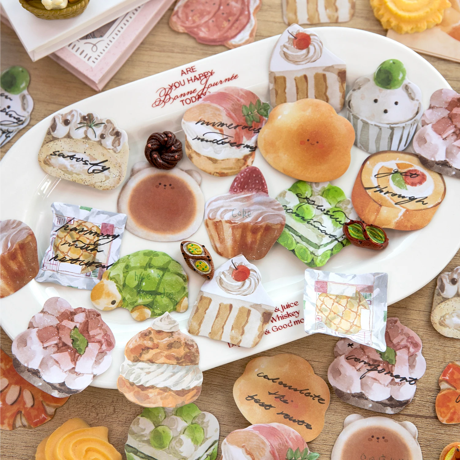 80Pcs Watercolor Dessert Writing Paper Stickers, Cute Cake & Bread Scrapbooking Decals