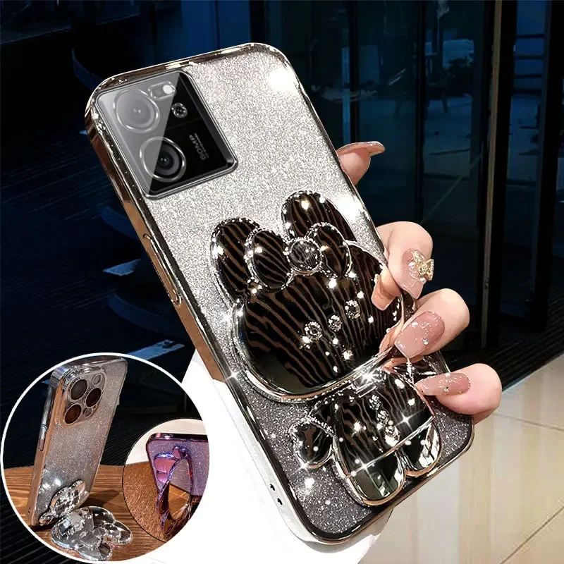 Luxury Glitter Plating Rabbit Holder Mirror Case for Redmi A3 13C 12 10 C R Note 13 Pro Plus 4G 5G  Shockproof Cover