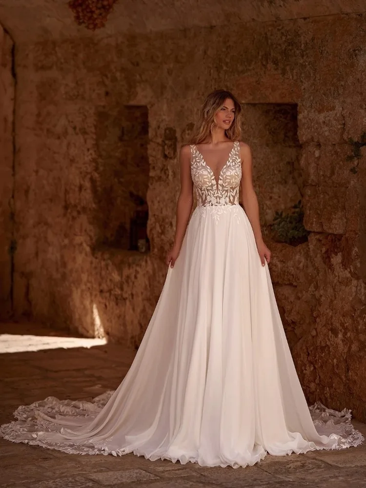 

Customized Simple Spaghetti Straps Lace Appliques Wedding Dresses V-Neck A-Line Bridal Gowns Vestidos De Noiva