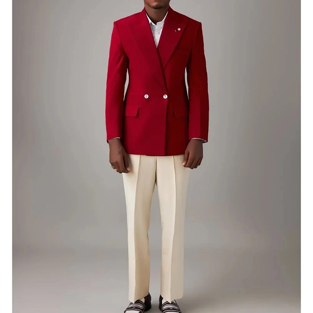 

Men Suits 2 Pieces Red Jacket Ivory Pants Formal Wedding Groom Prom Dress Male Outfits Double Breasted Custom Male Clothing
