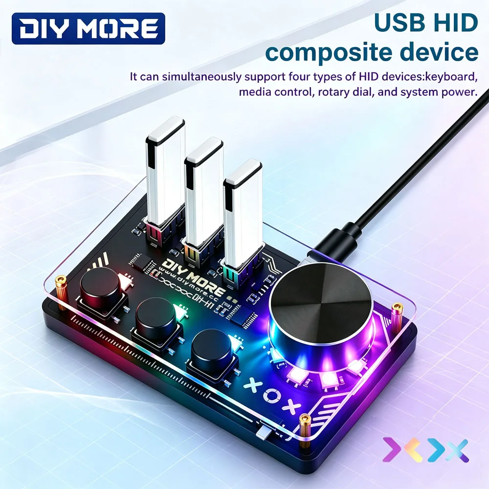 DIY USB HID Controller Hub with 11 RGB LEDs WebHID Plug And Play EC11 Rotary Encoder for Custom Keyboard and Media Control