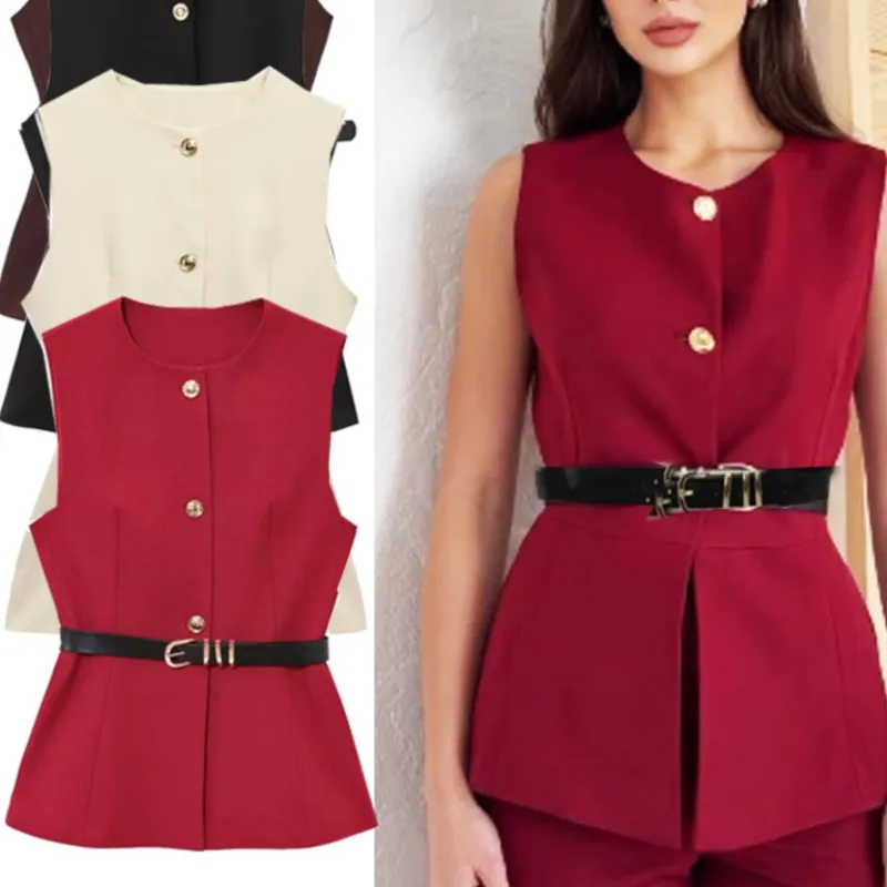 

Belt Sleeveless Vest Women 2025 New Summer Office Lady Red Black Outerwears Button Up Jacket Round Collar Waistcoat Suit Vests