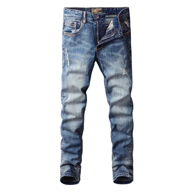 Italian Style Fashion Men Jeans High Quality Retro Blue Elastic Slim Ripped Jeans Men Vintage Designer Casual Denim Pants Hombre