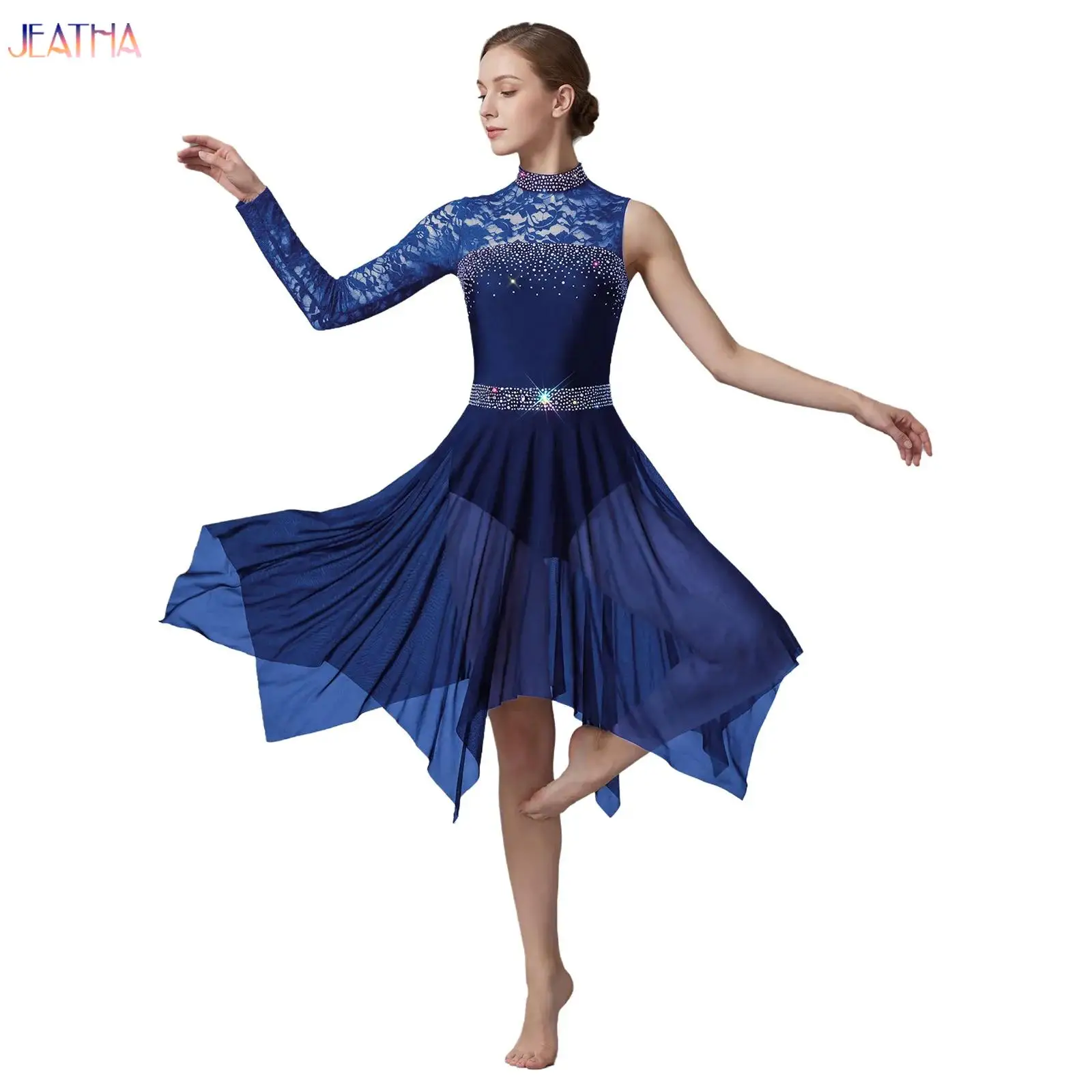 

Figure Ice Skating Dress for Womens Glittery Rhinestones Single Long Sleeves Ballroom Ballet Lyrical Dance Costume Performance
