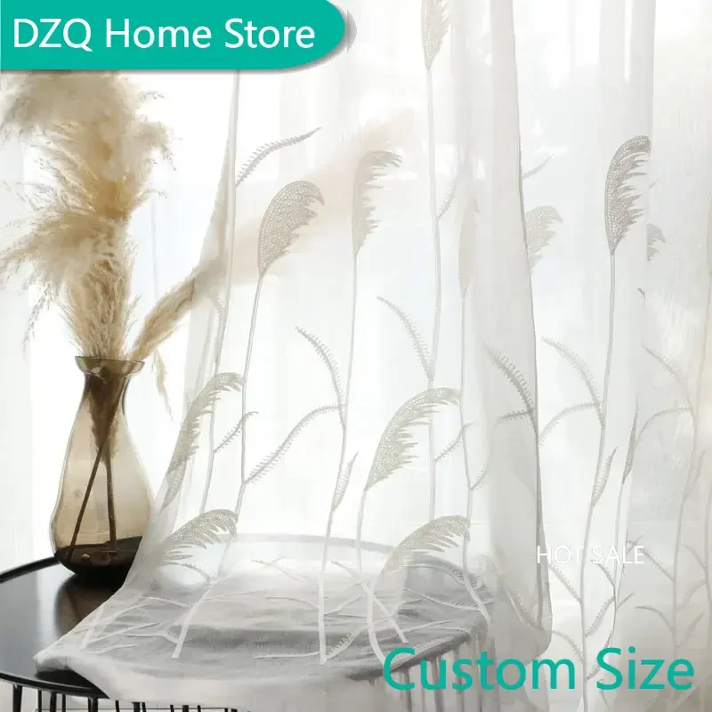 

Reed Flower White Tulle Window Curtain for Living Room Sheer Curtains For Bedroom Embroidered Window Screening Voile Curtain