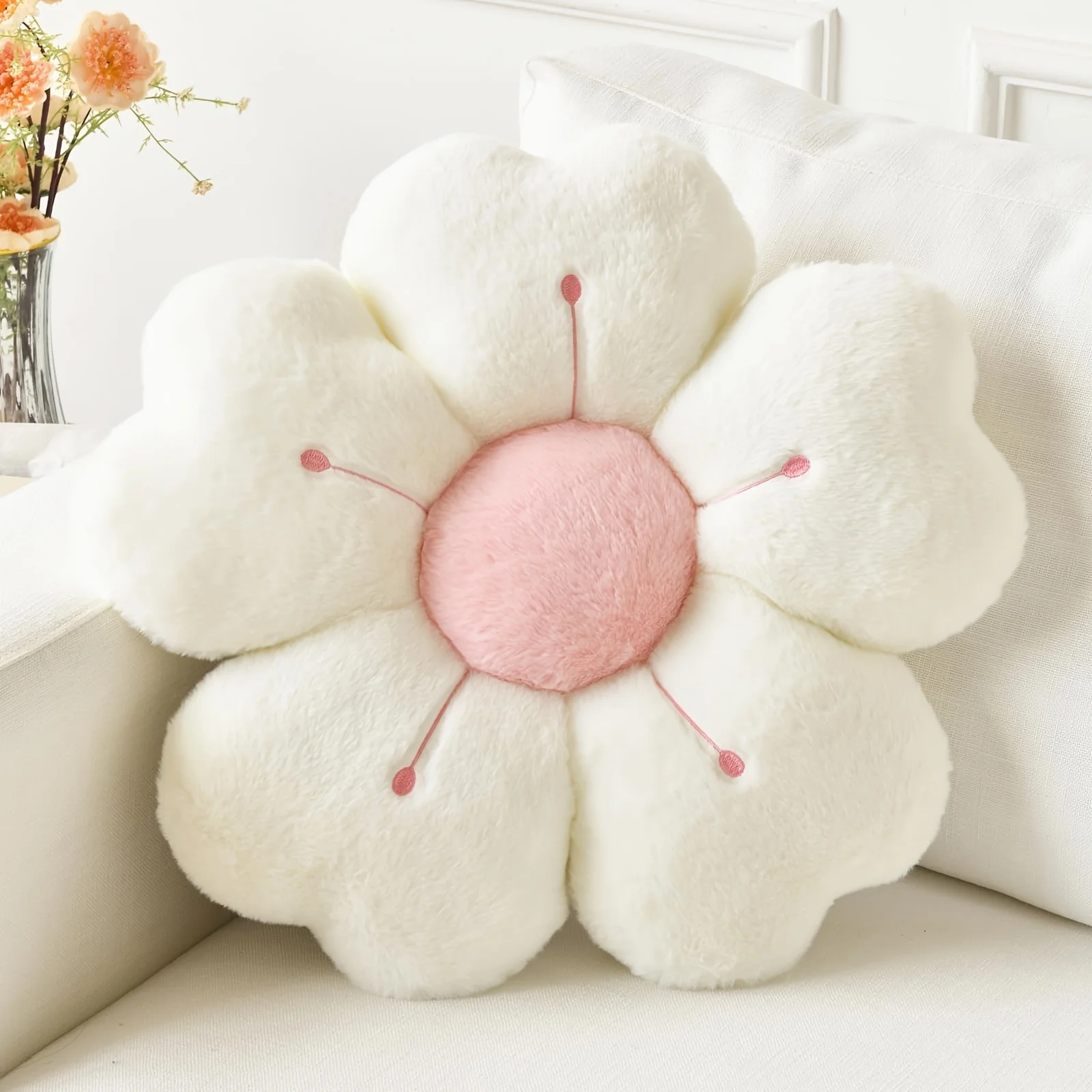 Flower Shaped Plush Pillow - Comfortable Cute Mattress Sofa Decorative Pillow, Soft Fabric Cushion, White/Pink/Blue, 13.7