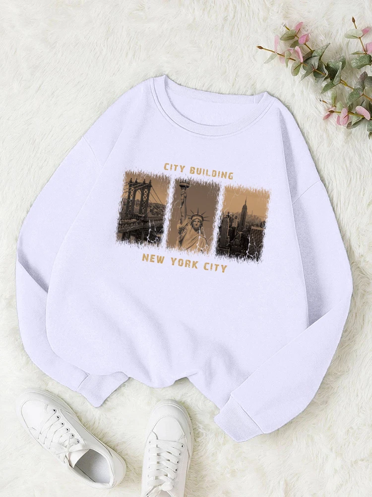 New York City Scenery Print Sweatshirt Womens Autumn Warm Comfortable Clothes Simple Basic Street Casual Versatile Top Female