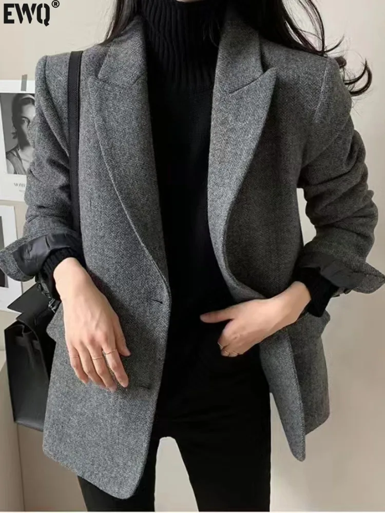 [EWQ] Office Lady Casual Woolen Blazer Coats All-match Single Breasted Outwear Women Winter Clothing 2024 Autumn New 16O1299