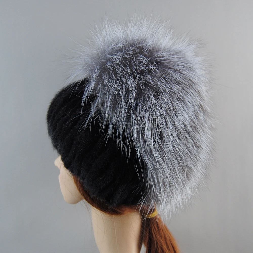 Hot Sale Brand Women Winter Mink Fur Hats Knitted Real Mink Silver Fox Fur Caps Female Russian Warm Beanies Hat Women's Fur Hat