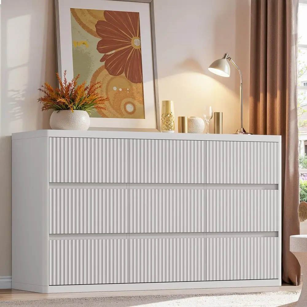 

White 9 Drawers Dresser, 57 Wide Fluted Dresser for Bedroom, Modern Chest of Drawers with Curved Profile, Handleless, Wooden TV