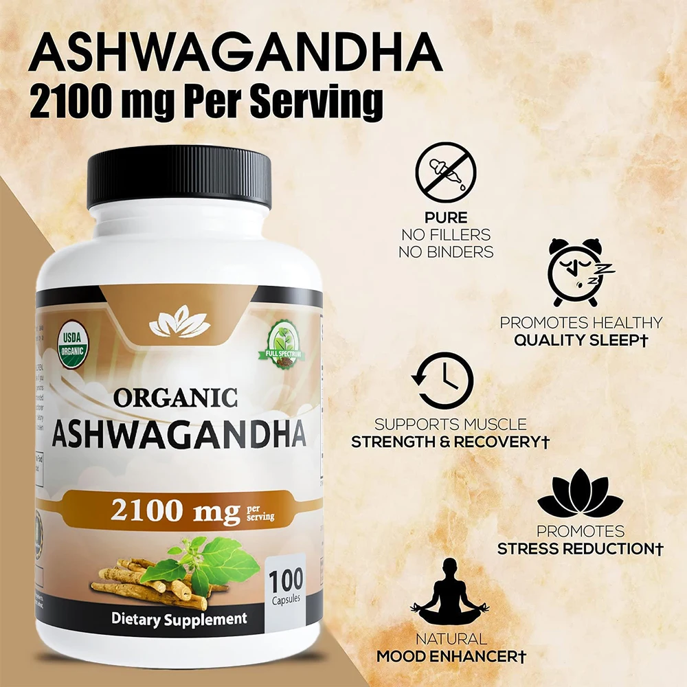 

Органическая ашваганда 2100 мг – травяные добавки для поддержки надпочечников, снятия стресса, улучшения настроения и энергии, веганская – 100 капсул