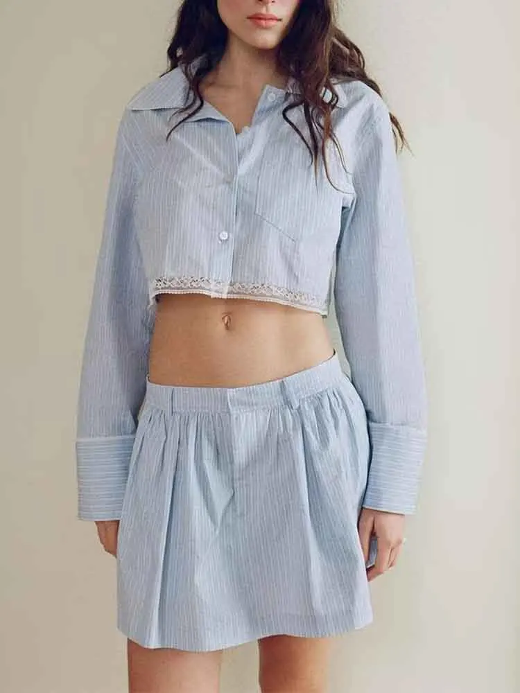

European style new women's fashion versatile simple lace striped short long-sleeved lapel shirt casual skirt suit