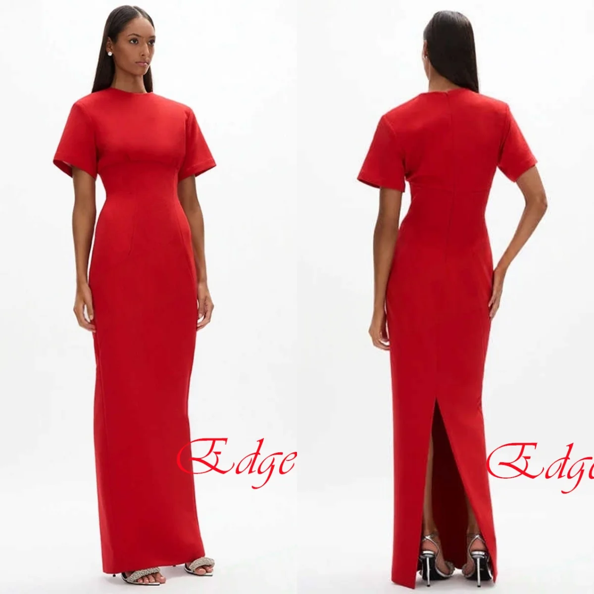 Gaun Malam Merah Khusus dengan Kerah Bulat yang Indah, Lengan Pendek, Gaun Koktail Formal dengan Ekor Panjang dan Ritsleting Belakang untuk Pesta Prom