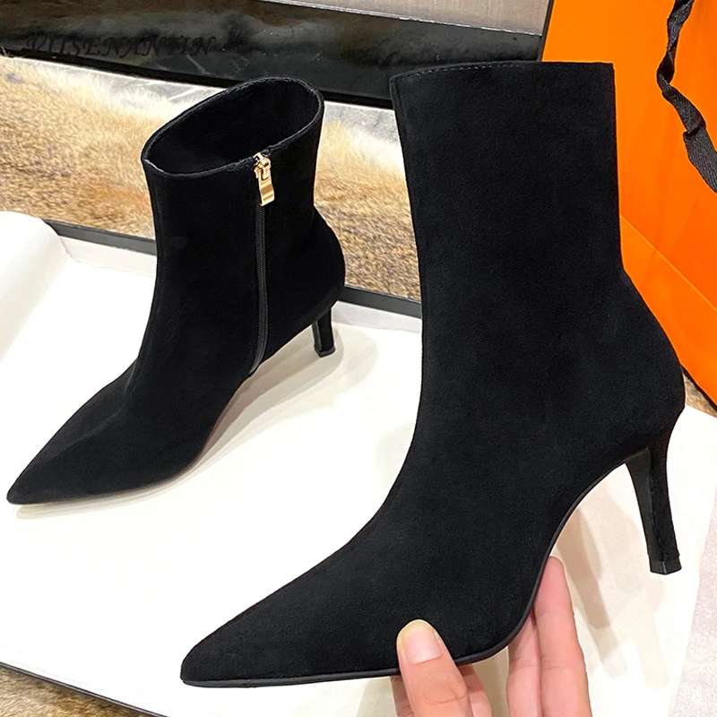 

New Arrival Women Boots 2023 Autumn Winter Shoes Pointed Toe High Heel Chelsea Boot Suede Leather with Zipper Elegant Lady Shoes