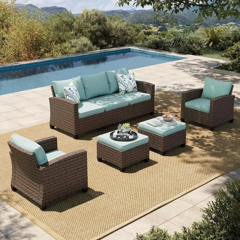 

5-Piece Outdoor Patio Furniture Set with Deep Seating Sofa for Lawn, Deck, or Backyard in Blue