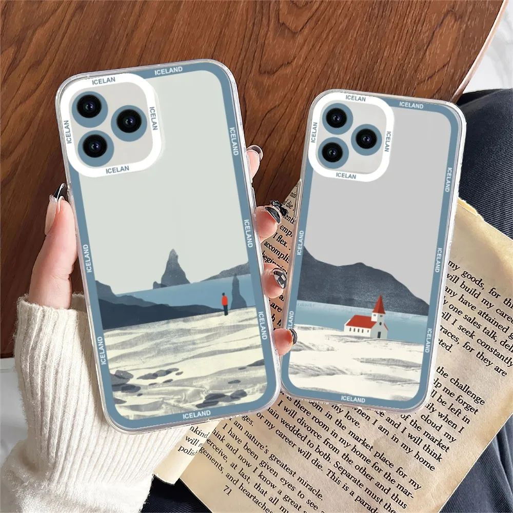 Iceland Mountain Sea House Illustration Phone Case For iPhone 11 12 Mini 13 14 Pro Max Transparent Shell