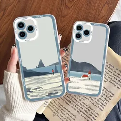 Iceland Mountain Sea House Illustration Phone Case For iPhone 11 12 Mini 13 14 Pro Max Transparent Shell