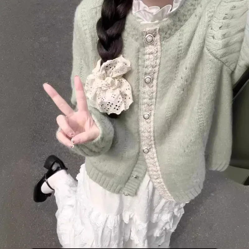 Green Lace Gentle Cardigan Women Knitted O-Neck Daily Casual Sweater Cardigan Long Sleeved Knitted Cardigan Autumn Winter