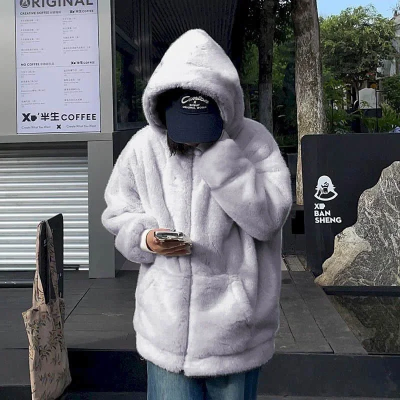 Pop Plush Coats For Women Hooded Long Sleeved Casual Vintage Ladies Winter Jackets Loose Fluffy Warm Adding Cotton Women Clothin