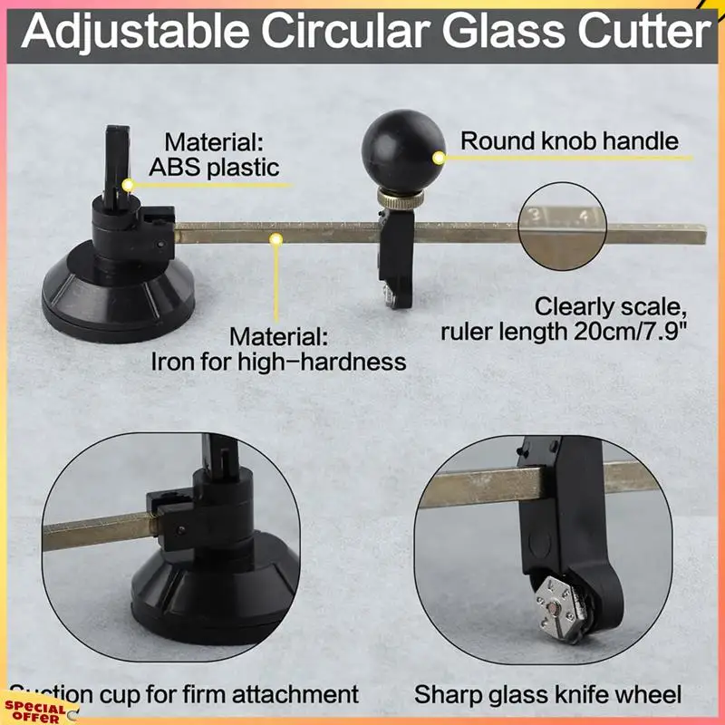 ABFI 7 Piece Adjustable Circular Glass Cutter Tool Kit Includes Round Knob Handle And Suction Cup